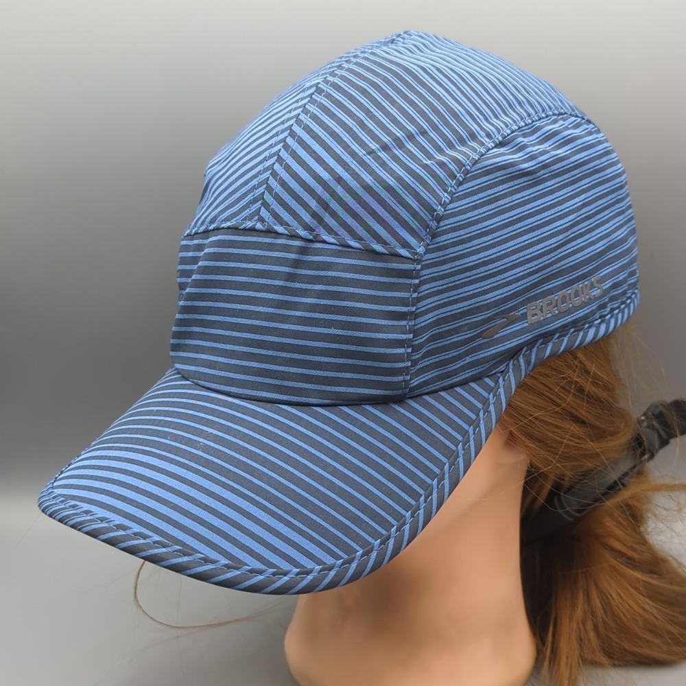 Brooks 5 Panel Hat Cap Strapback OSFA Blue Stripe Running Lightweight Adjustable